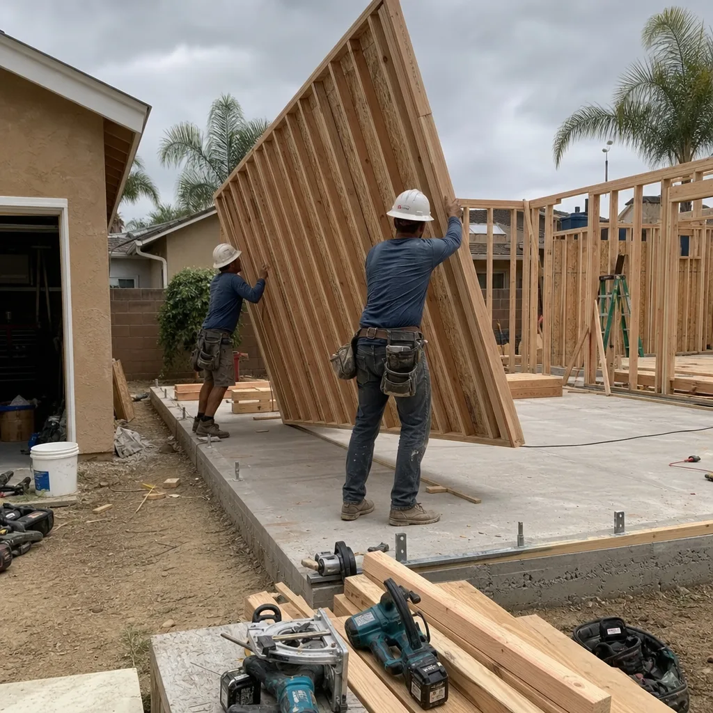 Two professional builders installing a wooden wall frame for an ADU.
