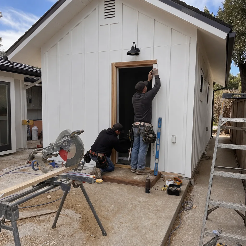 Two professional ADU builders installing door trim on a white dwelling