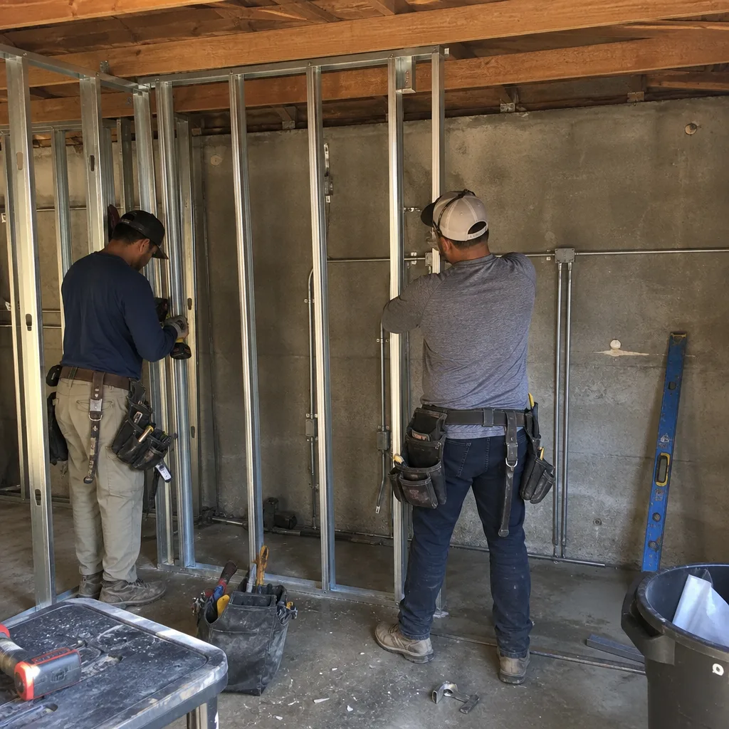 Contractors installing metal wall studs for a garage conversion