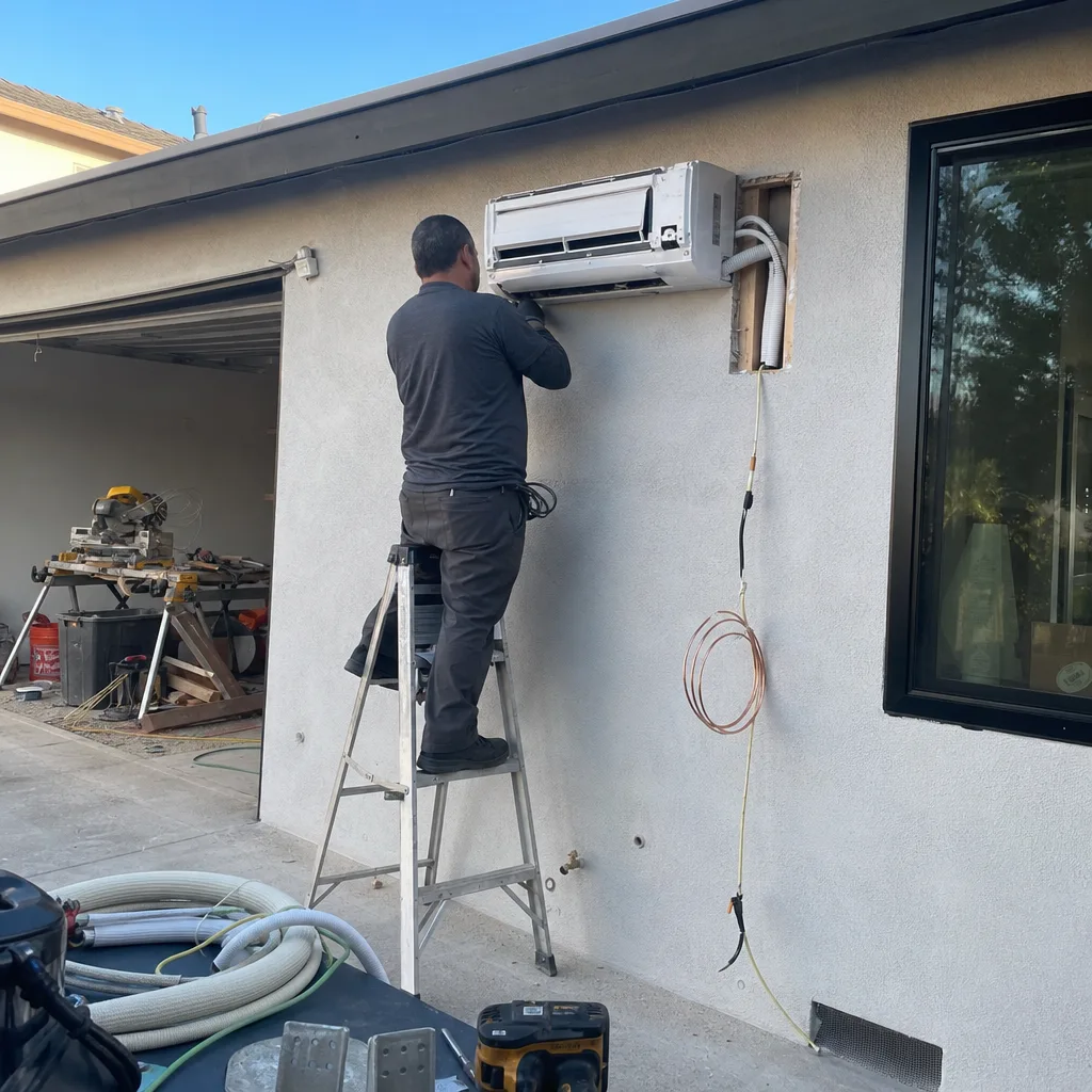 Contractor installing air conditioning unit on garage conversion exterior wall