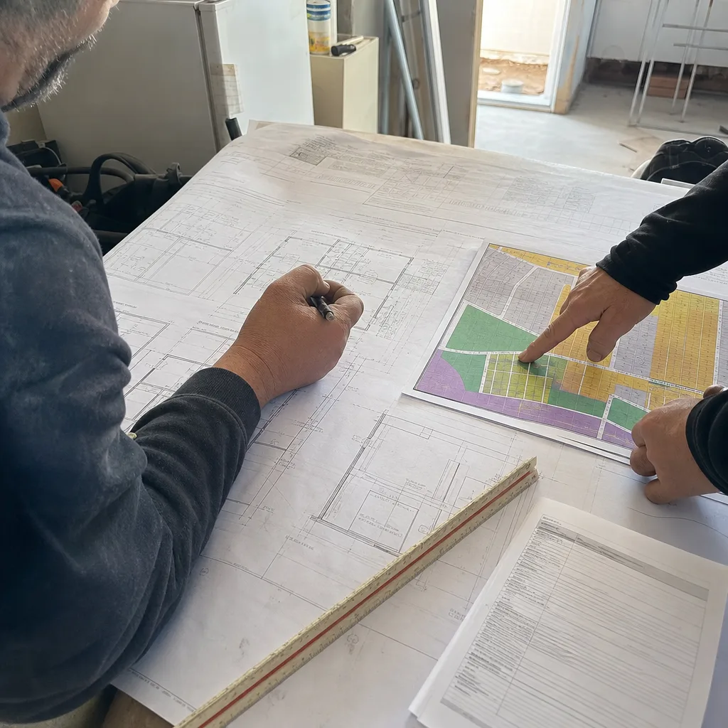 Contractors reviewing floor plans and site layouts for a room addition.