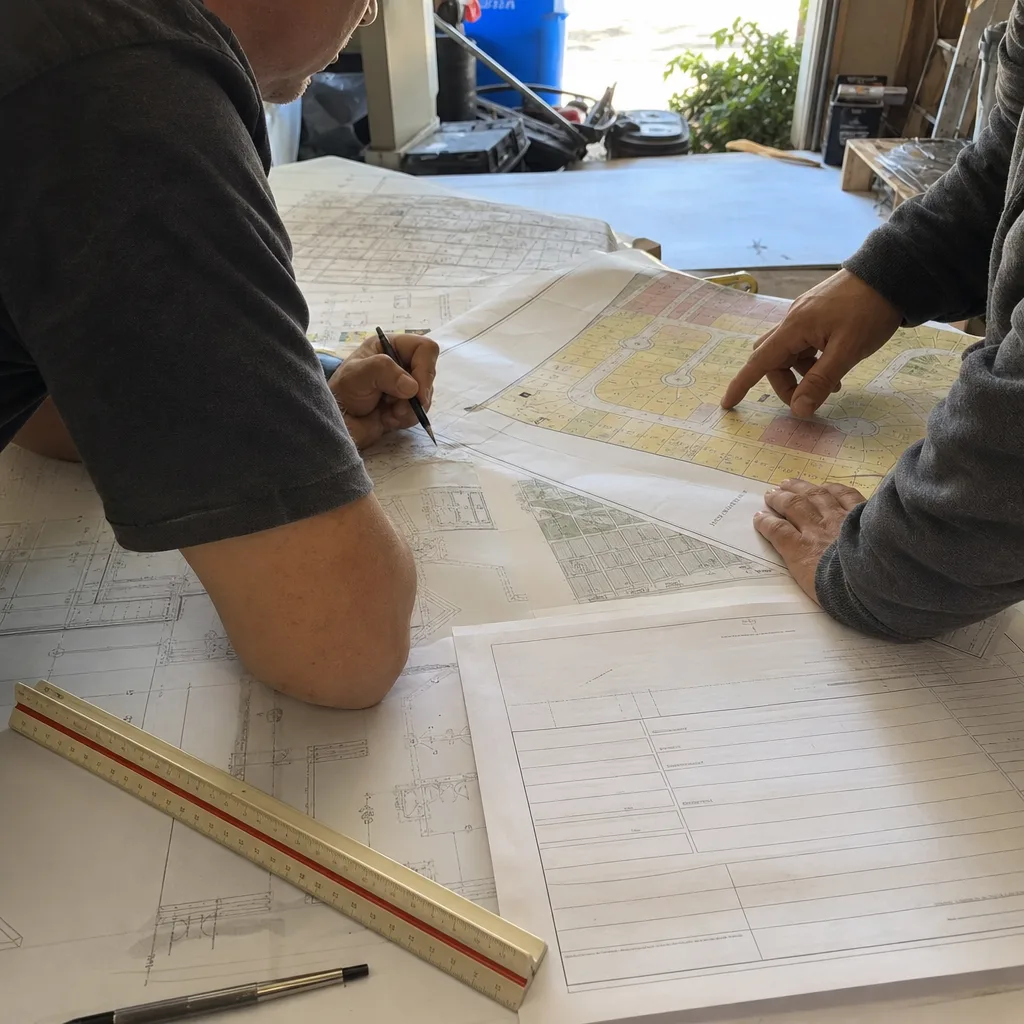 Contractors reviewing construction blueprints and site plans for a room addition.