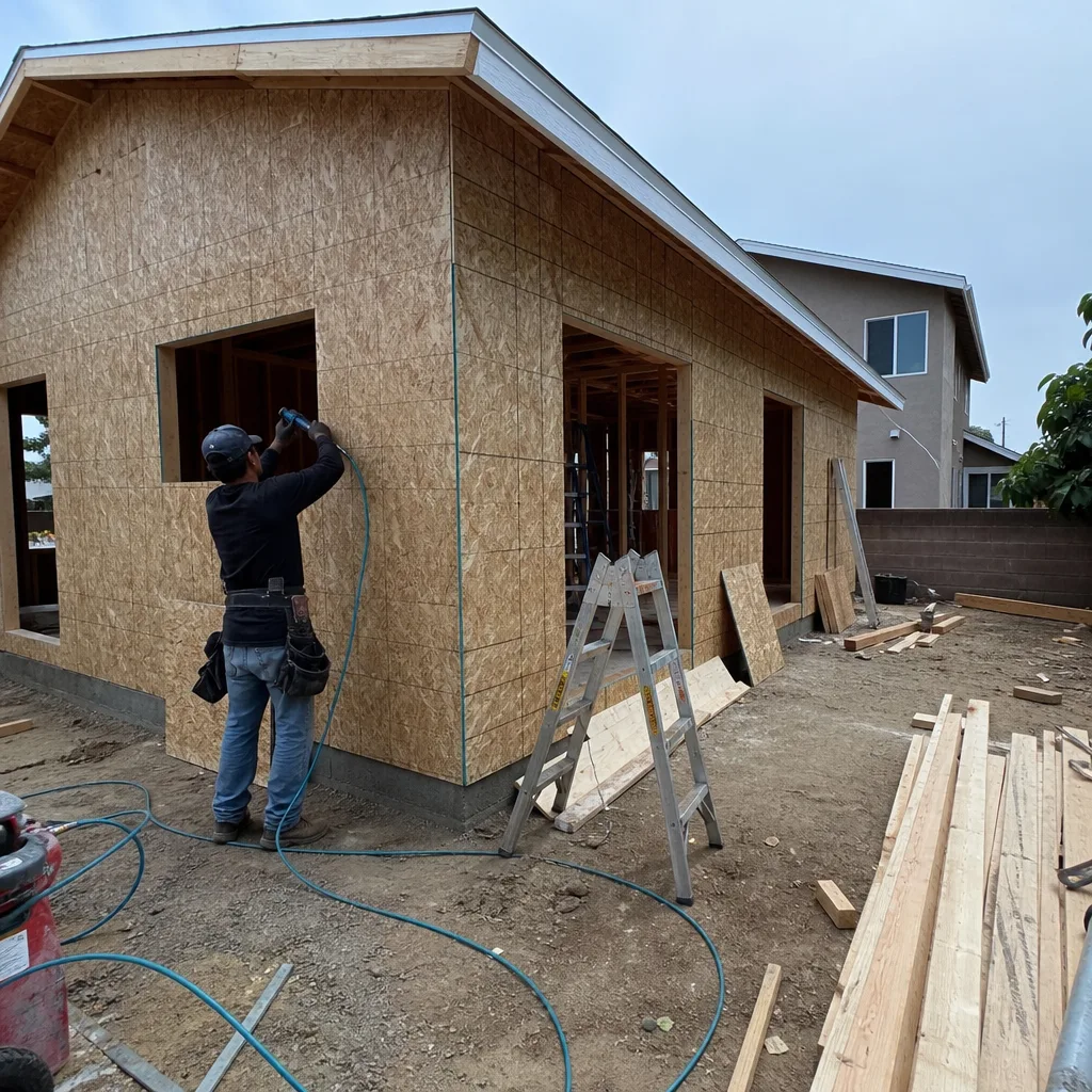 Professional contractor installing wood sheathing on a new room addition project